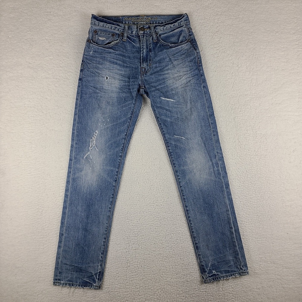 American Eagle Jeans Mens 29x32 Blue‎ Original Straight Distress Light Wash